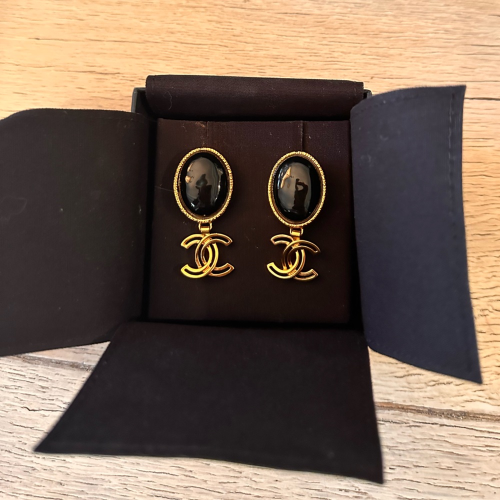 CHANEL gold and black enamel drop earrings